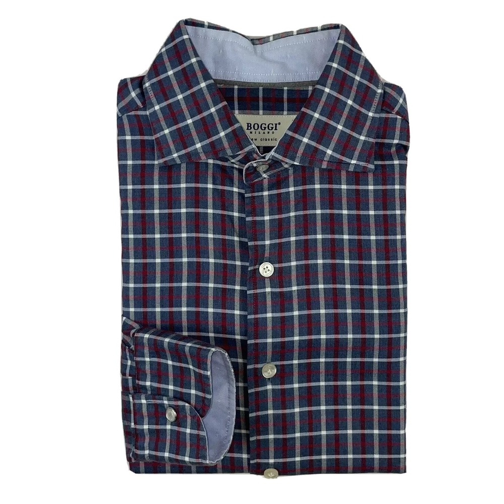 Boggi Milano Blue Red White Checked Cotton Button Front Shirt Mens Small